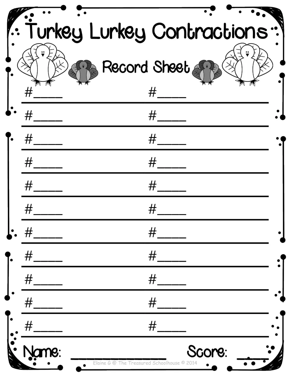 Contractions record sheet has 22 response spaces with blank card-number labels and fields for name and score.