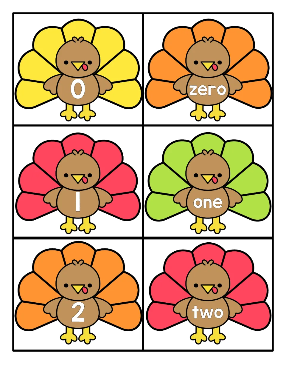 Numbers 0 to 2: turkey cards pairing numerals 0, 1 and 2 with the words zero, one and two for students to match