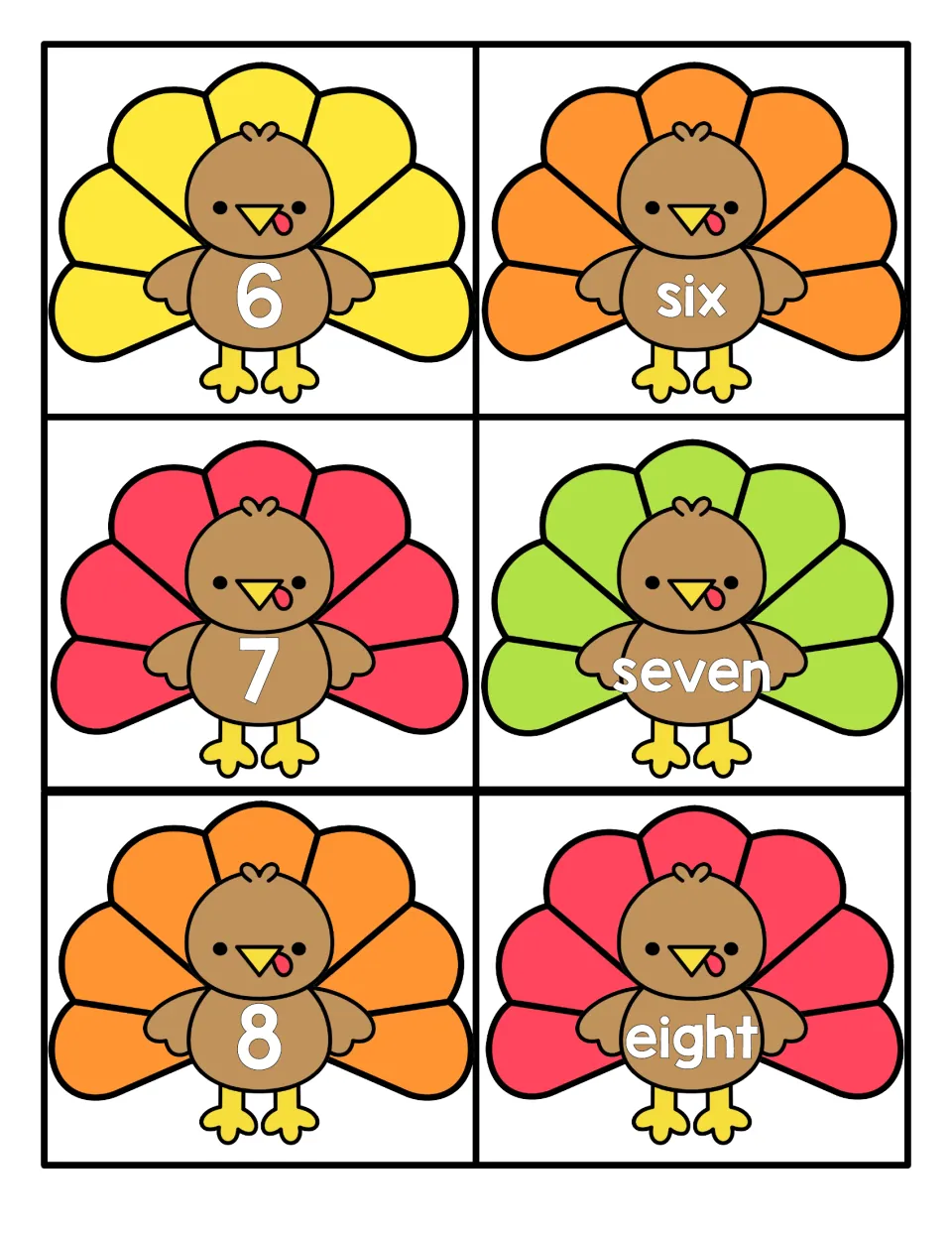Numbers 6 to 8: students match turkey cards with numerals 6, 7 and 8 to cards spelling out six, seven and eight
