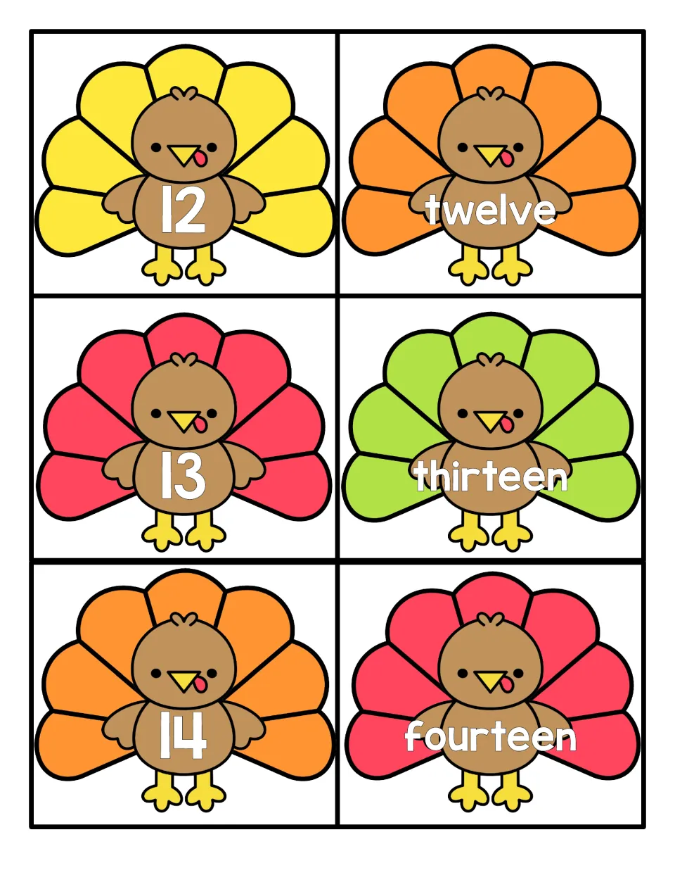 Numbers 12 to 14: numeral cards 12, 13 and 14 on turkeys, paired with word cards twelve, thirteen and fourteen