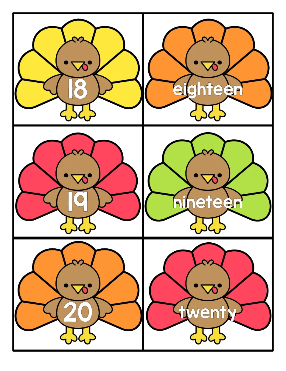 Numbers 18 to 20: students pair turkey cards for 18, 19 and 20 with word cards eighteen, nineteen and twenty