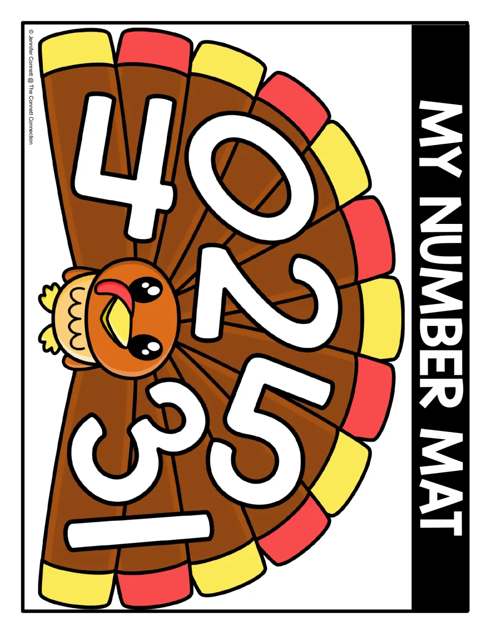 Number recognition 0-5: students find numerals 0 to 5 hidden in a color turkey's tail on My Number Mat