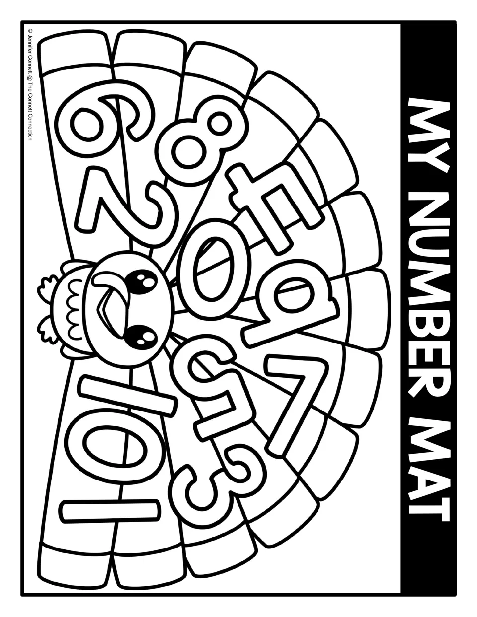 Numerals 0 to 10, black-and-white version: students locate each tilted number on the outlined turkey's feathers