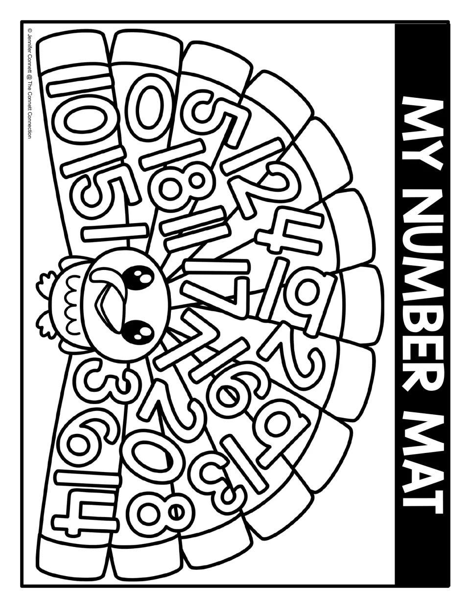 Black-and-white turkey mat packed with numerals 0 to 20 at many angles: students find every number, including the teens