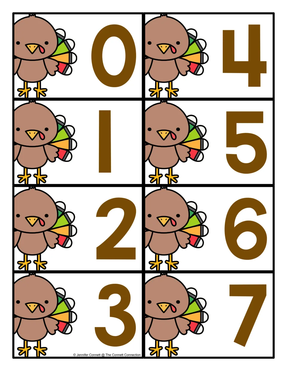Turkey number cards 0 to 7: eight cut-apart cards, each with a cartoon turkey and a large brown numeral