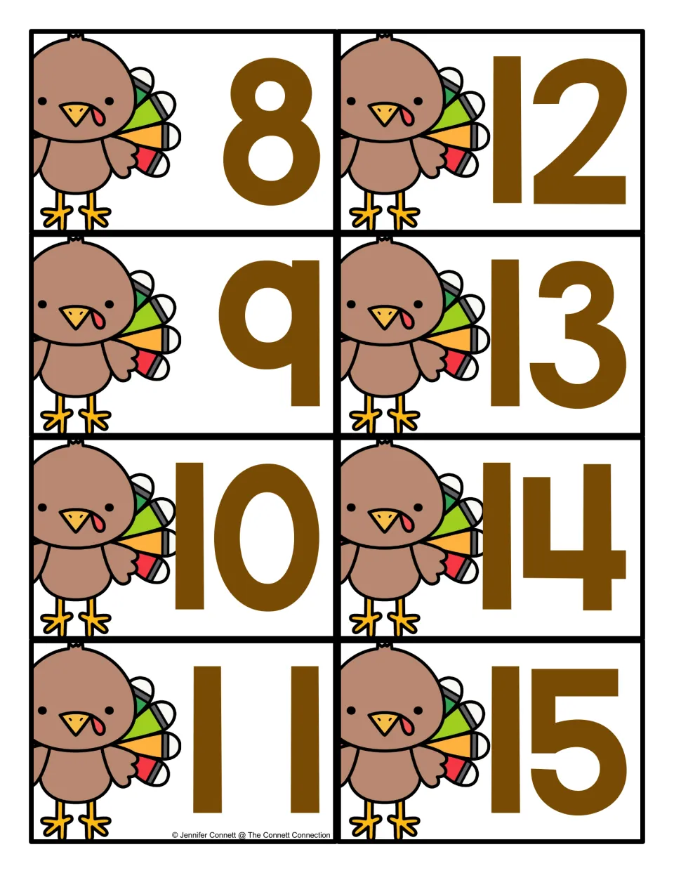 Turkey number cards 8 to 15: eight cut-apart cards pairing a cartoon turkey with one large brown numeral