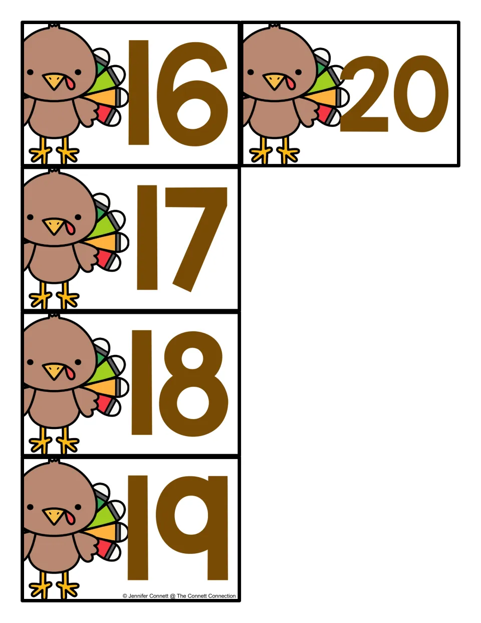 Turkey number cards 16 to 20: five cut-apart cards, each showing a cartoon turkey beside a large brown numeral