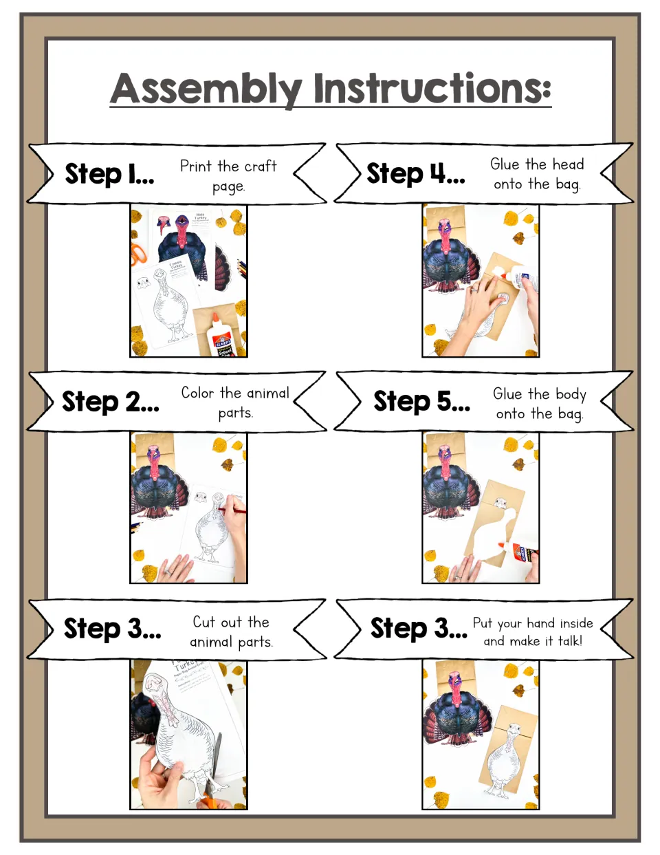 Assembly instructions in six photo steps: print, color, cut out the turkey parts, glue head and body to a bag, then talk
