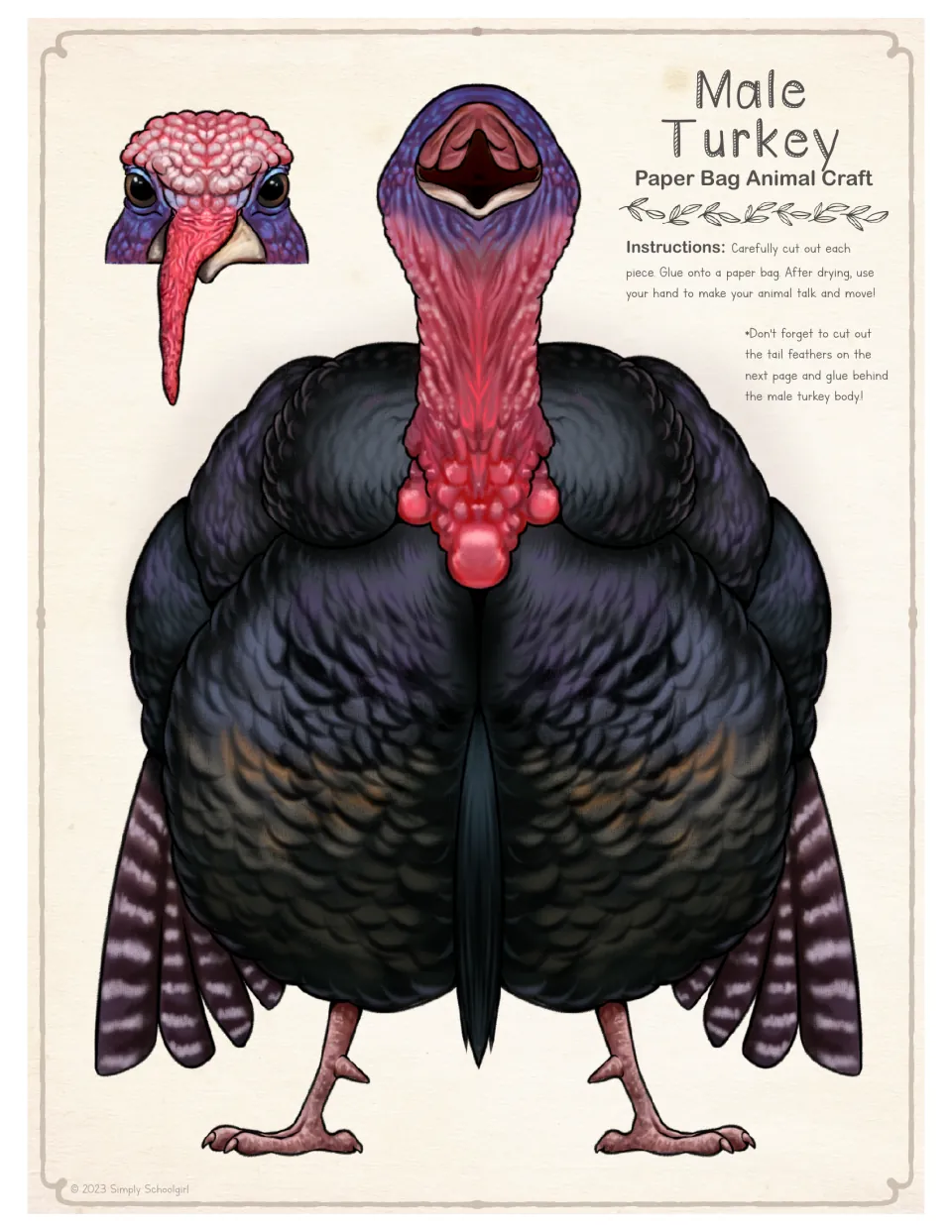 Male turkey craft page in full color: students cut out the head and body and glue them onto a paper bag to make a puppet