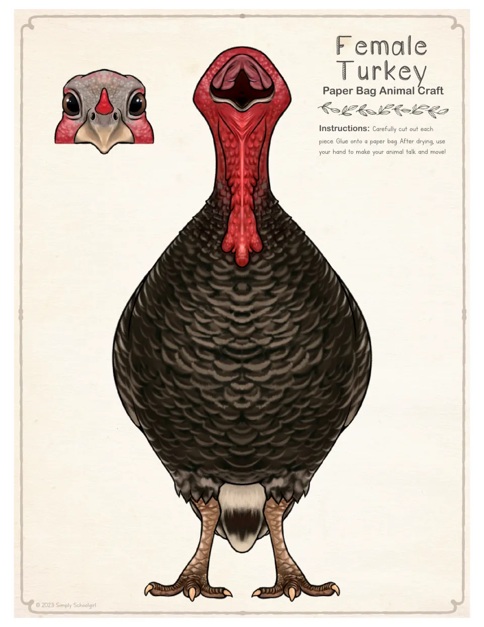 Female turkey craft page in full color: brown-feathered head and body pieces to cut out and glue onto a paper bag puppet