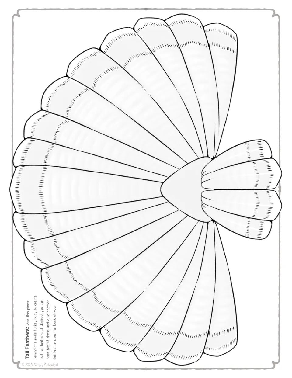 Male turkey tail feathers to color: an outlined, fanned cut-out piece that students glue behind the male turkey body