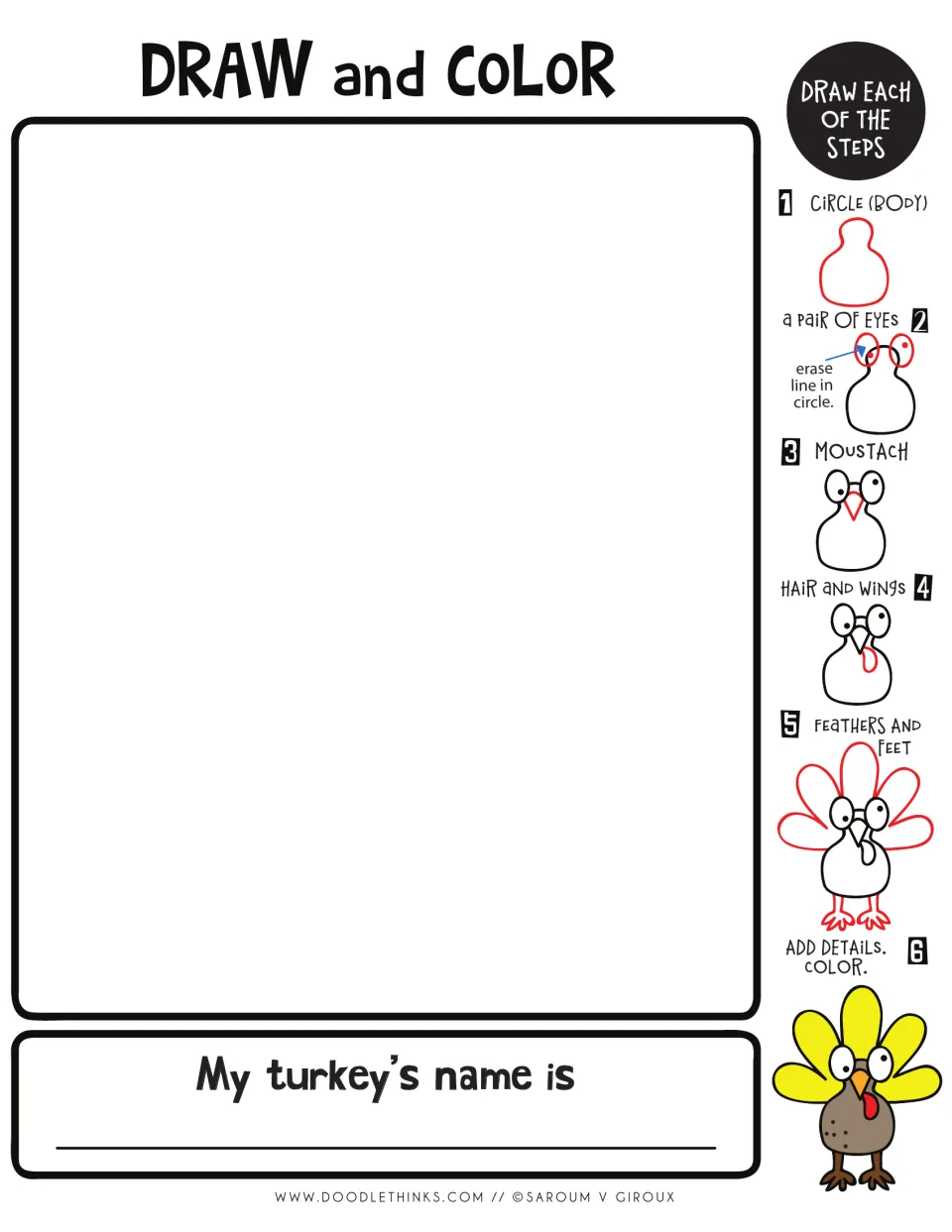 Pear-shaped turkey directed drawing: students draw body, eyes, moustache, hair and wings, feathers and feet, then color
