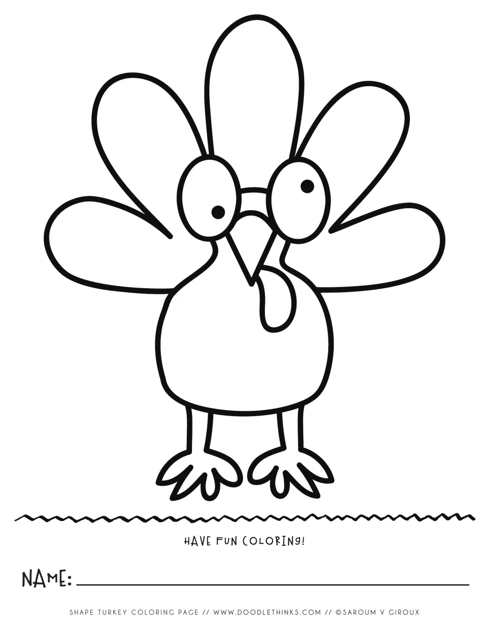 Coloring page of a pear-shaped turkey with goggle eyes, triangle beak, wattle, five round feathers and webbed feet