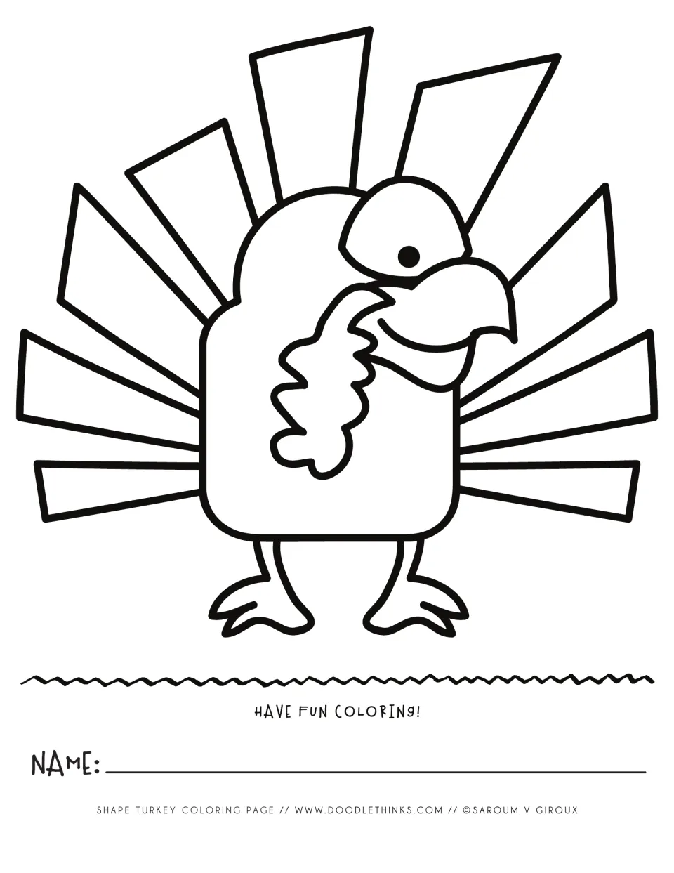 Coloring page of a rounded-square turkey in side view with curly wattle, hooked beak and a fan of long feathers
