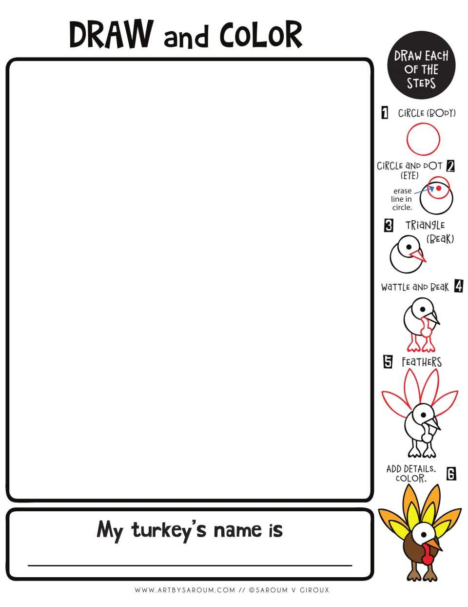 Circle turkey directed drawing: students build a body, eye, triangle beak, wattle, feet and feathers from basic shapes