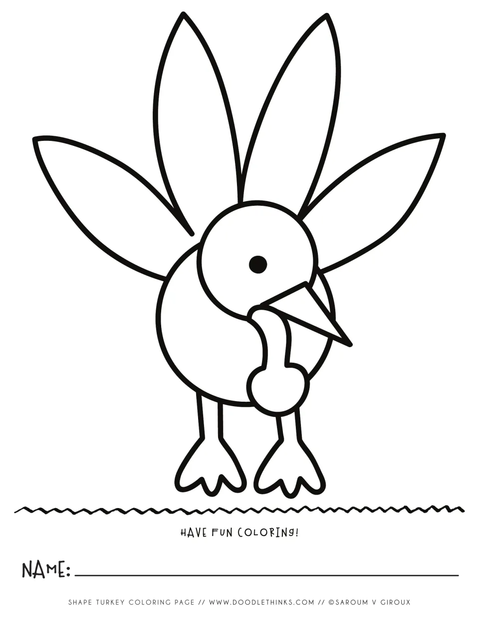 Coloring page of a two-circle turkey with a triangle beak, dangling wattle, four pointed feathers and webbed feet