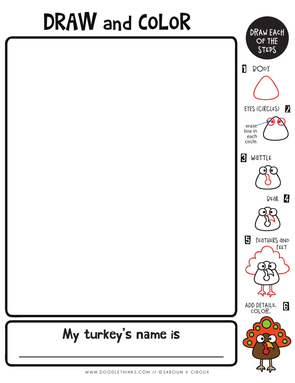 Triangle-shaped turkey directed drawing: students draw body, circle eyes, wattle, beak, cloud feathers and feet