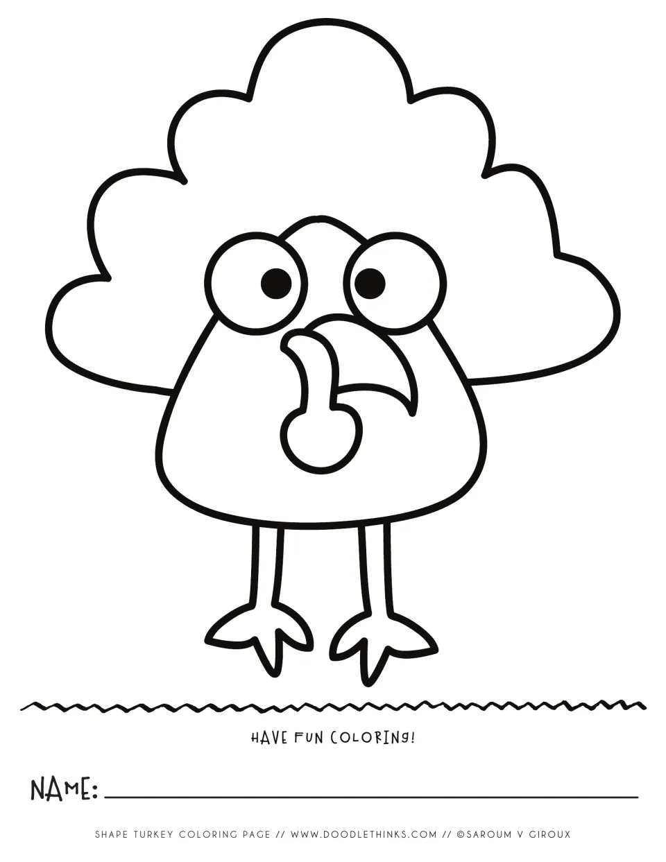 Coloring page of a rounded-triangle turkey with big round eyes, curled beak, wattle and cloud-shaped tail feathers