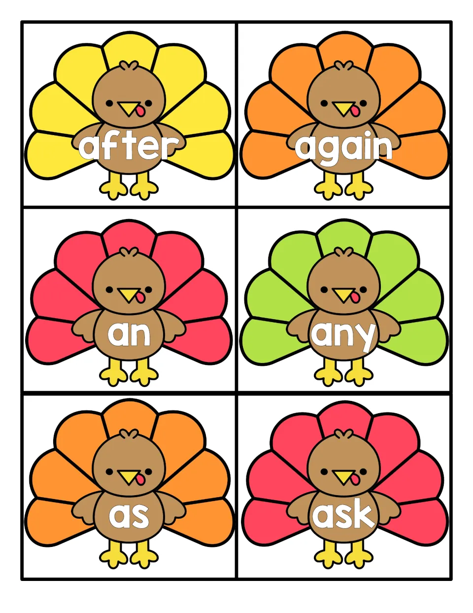 Turkey sight word cards for reading practice: after, again, an, any, as and ask, each word printed on a cartoon turkey