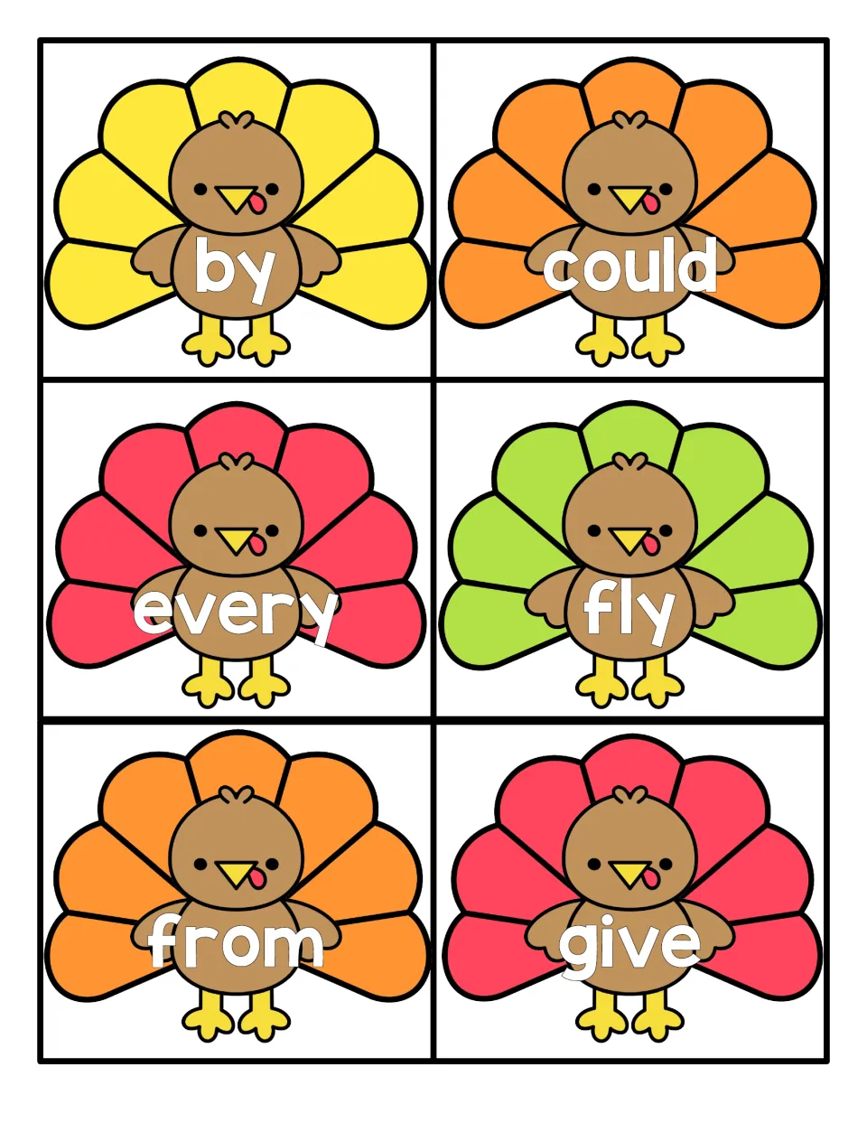 Sight word flashcards with colorful turkeys for students to read by, could, every, fly, from and give on sight