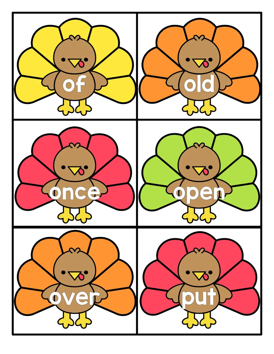 Fall turkey cards for sight word recognition with the words of, old, once, open, over and put printed in white letters