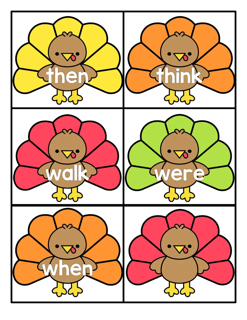 Final turkey word cards for reading then, think, walk, were and when, plus a blank turkey card for a word of your own