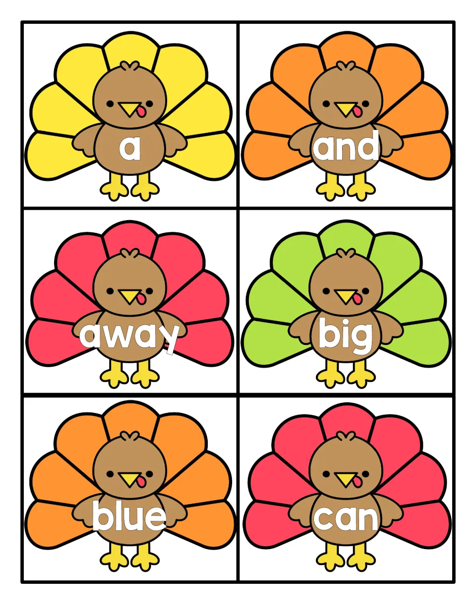 Sight words a, and, away, big, blue and can on six turkey cards; students cut them apart and read each word on sight