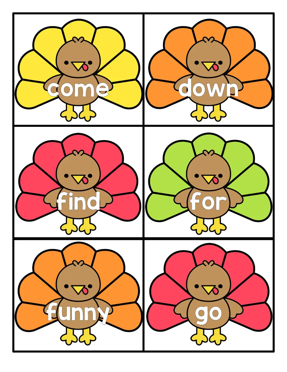 Turkey word cards for come, down, find, for, funny and go, each word printed on a turkey's body for word recognition
