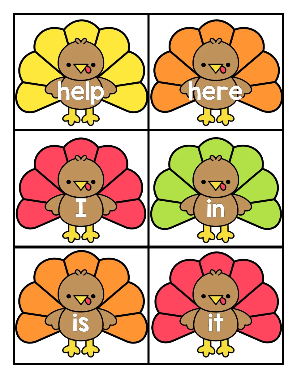 High-frequency words help, here, I, in, is and it on six turkey cards for students to cut out and practise reading