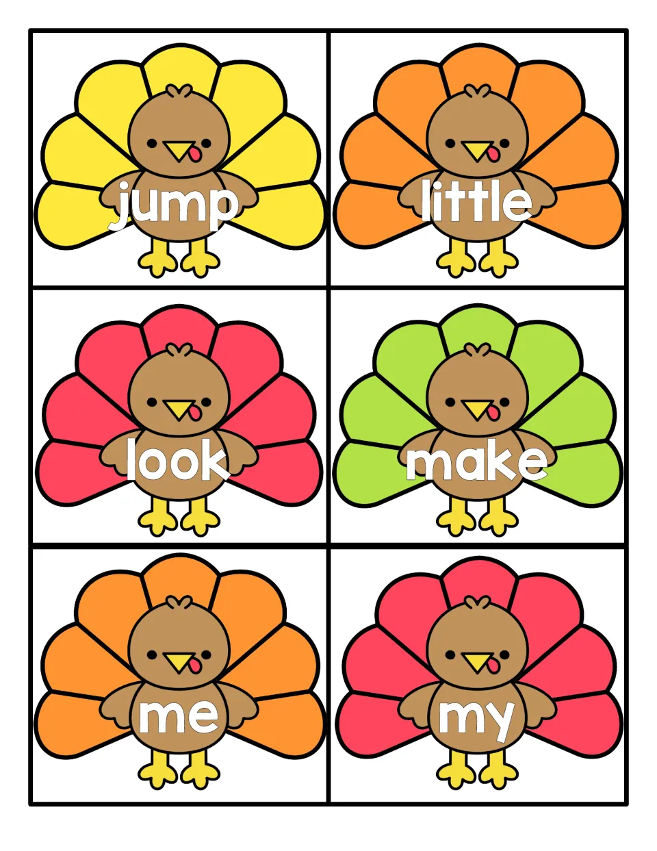 Turkey cards showing jump, little, look, make, me and my, one word per turkey, for students to read aloud as flashcards