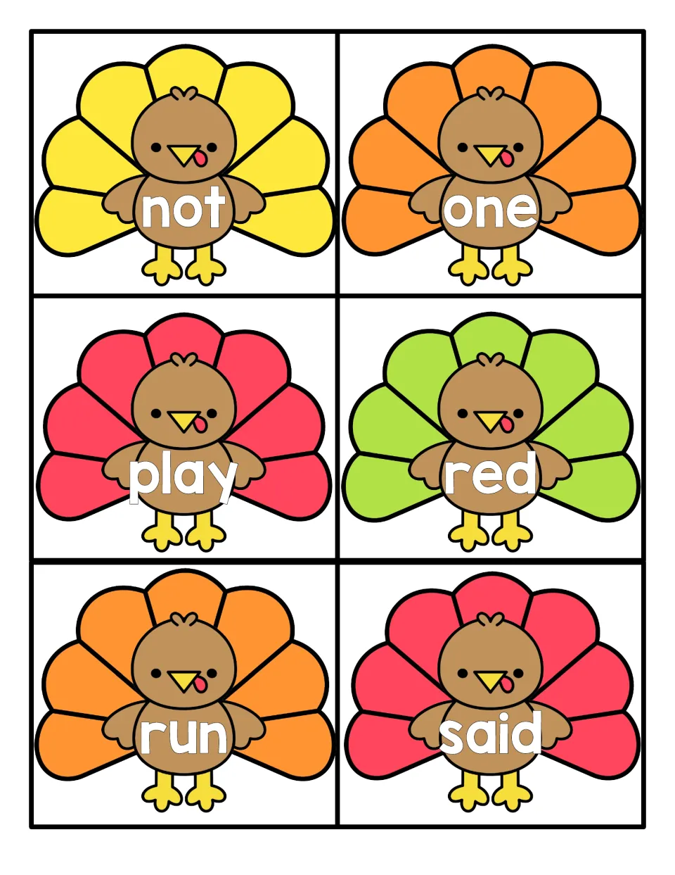 Sight words not, one, play, red, run and said printed on six turkeys; students cut the cards apart to practise reading