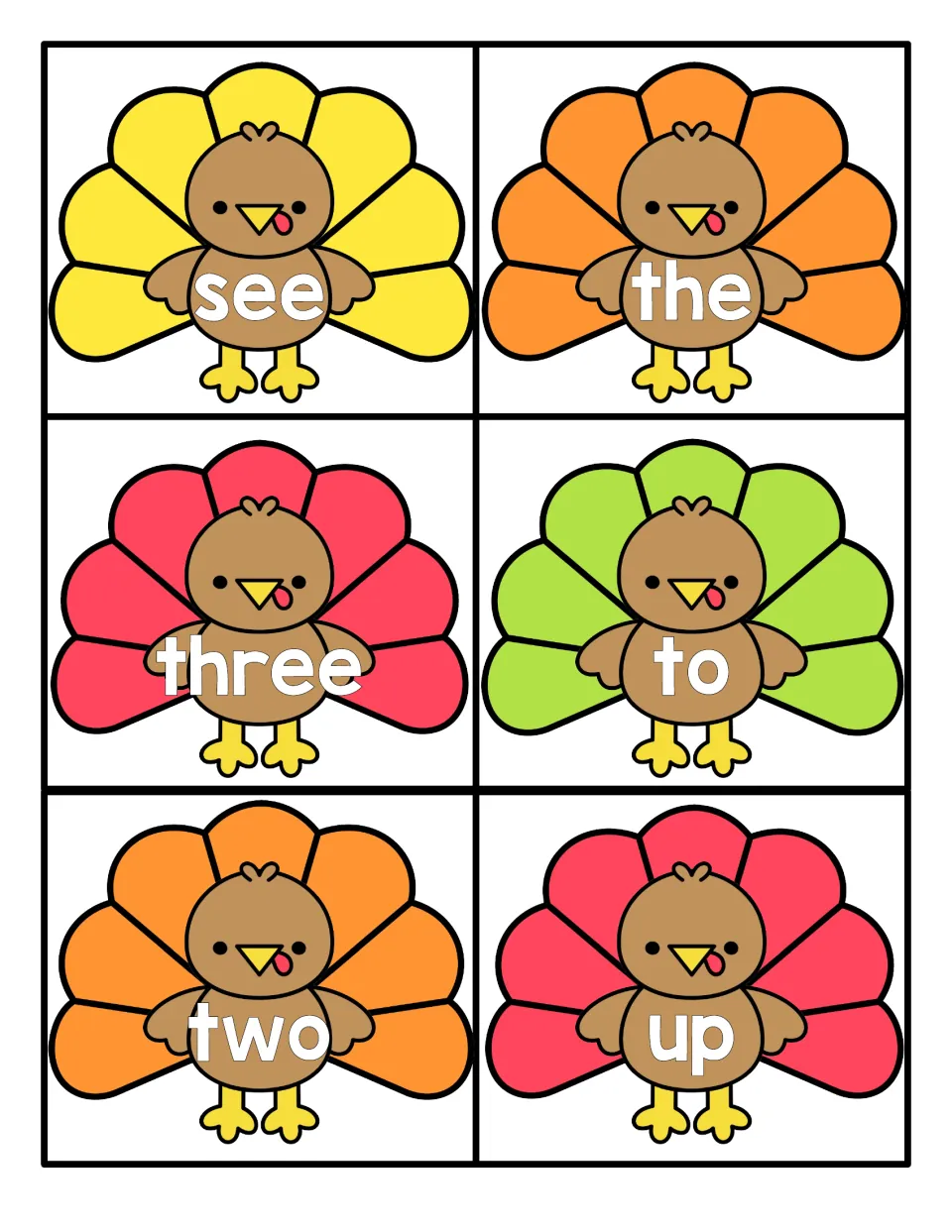 Turkey flashcards for see, the, three, to, two and up, including number words, for students to recognize and read quickly