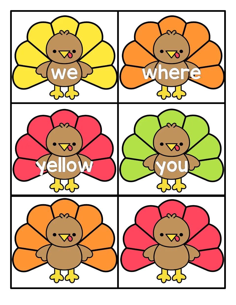 Last turkey cards with sight words we, where, yellow and you, plus two blank turkey cards with no word printed