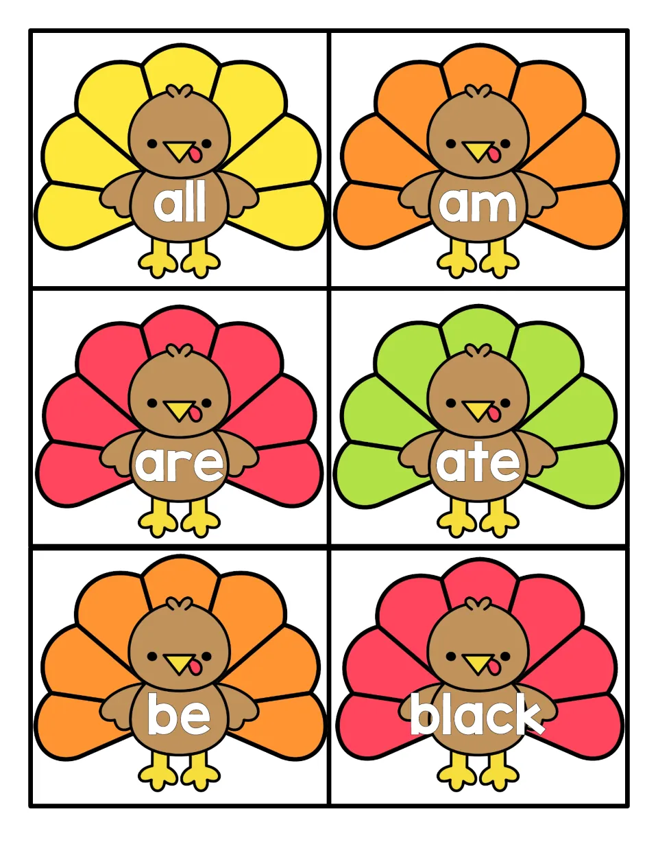 Primer sight words all, am, are, ate, be and black, each printed on a colorful turkey card for students to read aloud