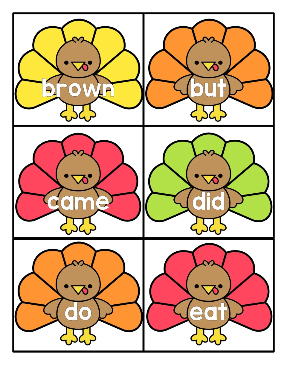 Sight word flashcards for brown, but, came, did, do and eat, shown on cartoon turkeys for students to practise reading