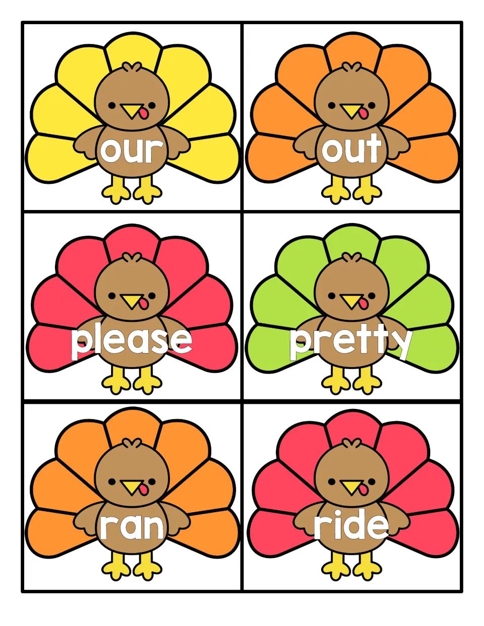 Turkey word cards showing our, out, please, pretty, ran and ride for students to practise reading high-frequency words