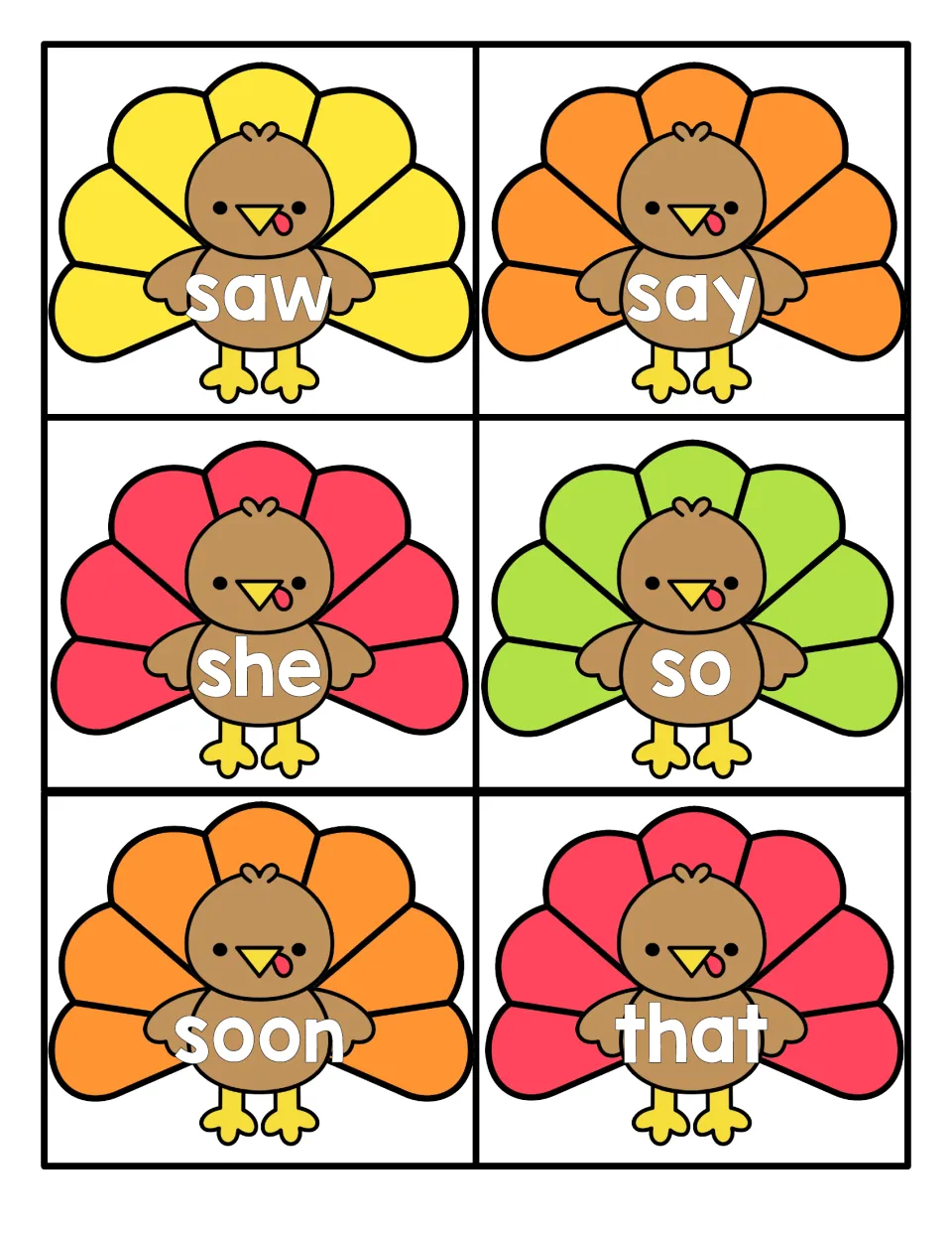 High-frequency words saw, say, she, so, soon and that on bright turkey flashcards for sight word reading practice