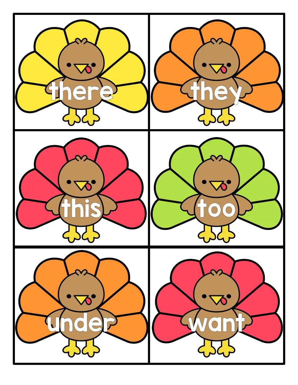 Sight word turkeys for there, they, this, too, under and want, giving students cards to read and review by sight