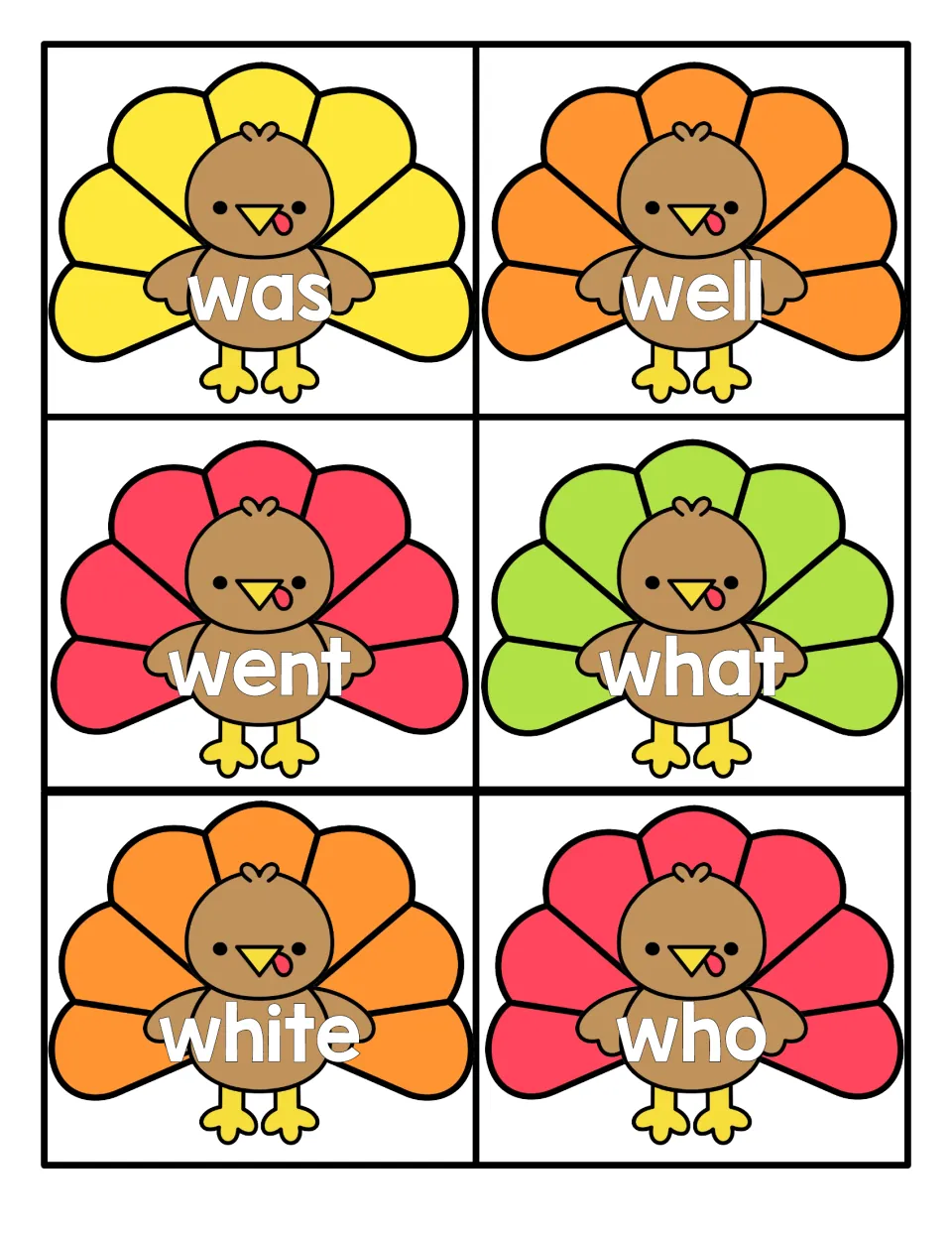 Turkey cards with the words was, well, went, what, white and who for students to practise reading sight words aloud