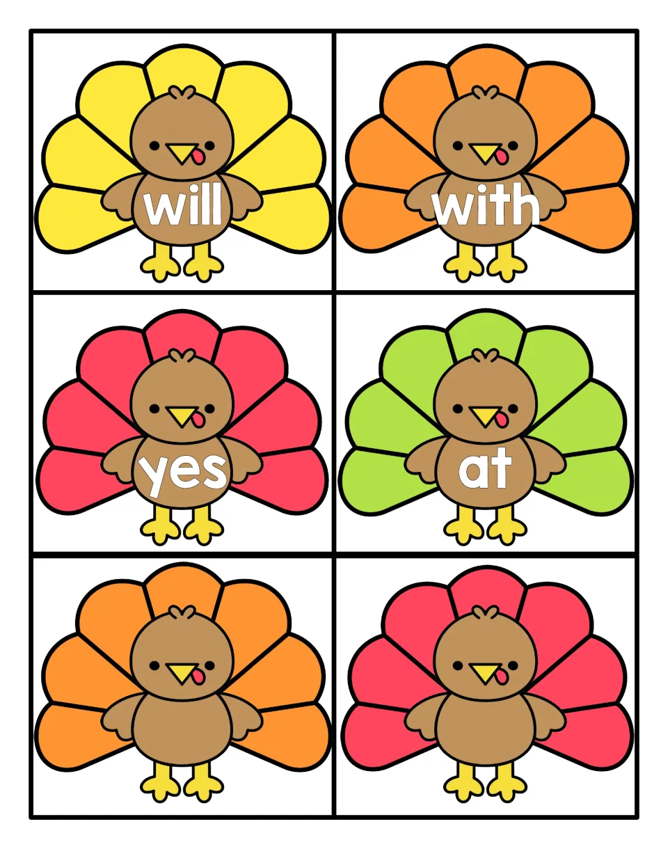 Final sight words will, with, yes and at on turkey cards, plus two blank turkeys with no word printed on them