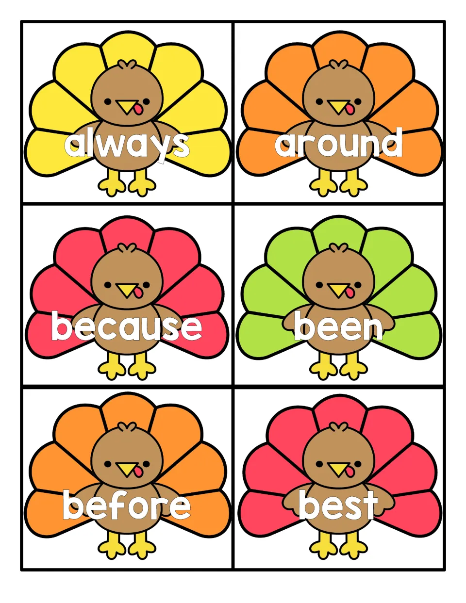 Sight word flashcards: six cartoon turkeys show always, around, because, been, before and best for students to read aloud