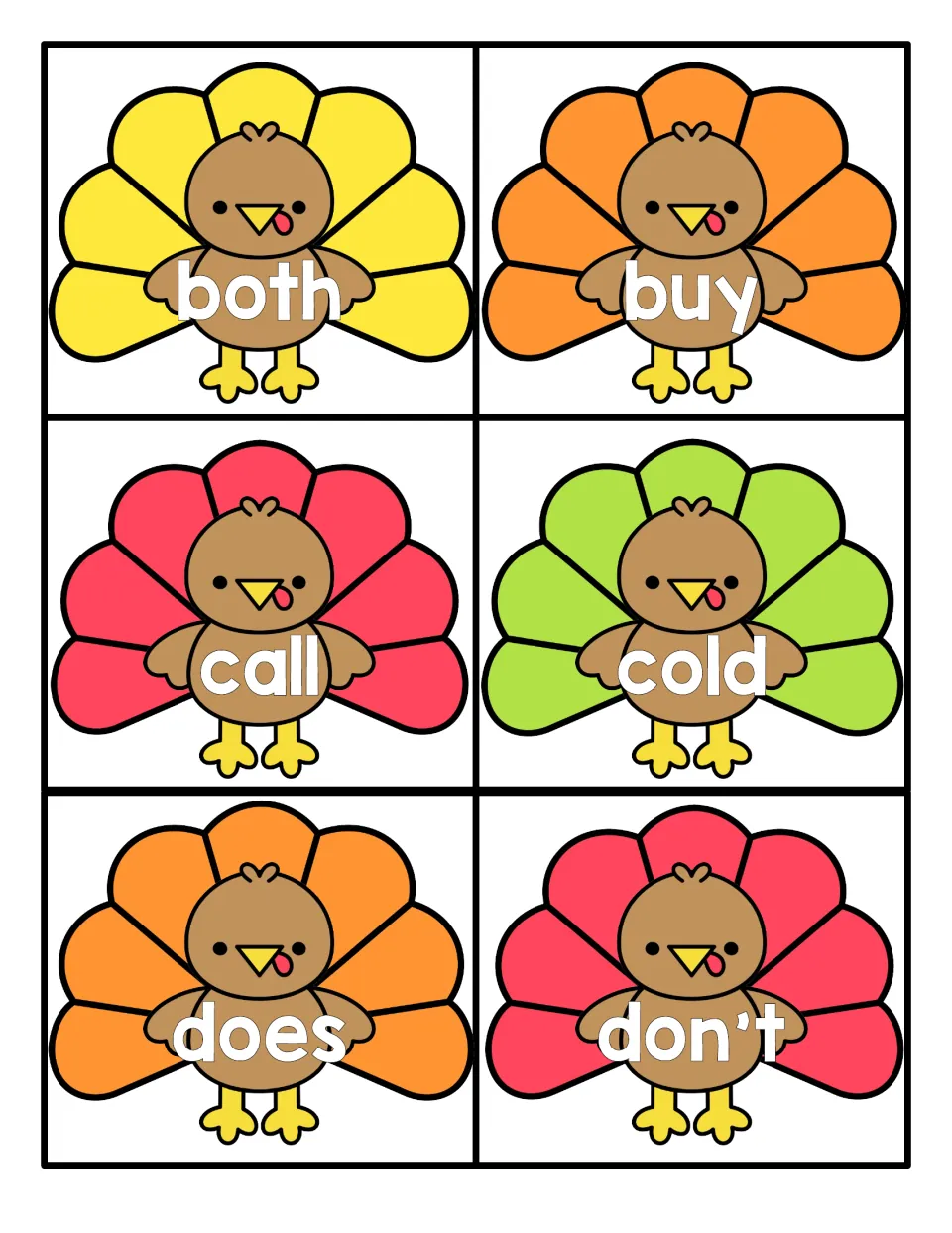 Turkey word cards for both, buy, call, cold, does and don't; students read each high-frequency word quickly on sight