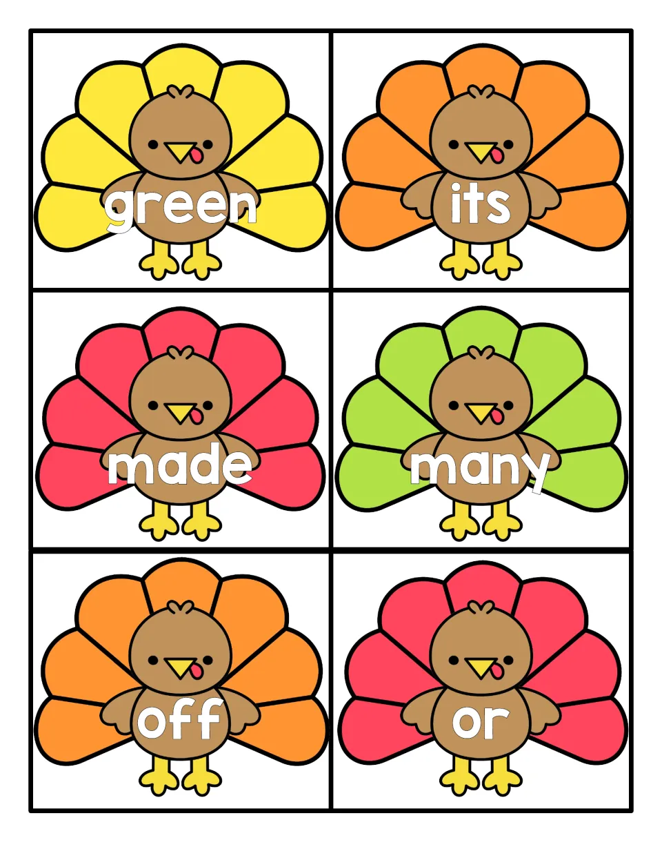 Sight words green, its, made, many, off and or on bright turkey cards that students read for automatic word recognition