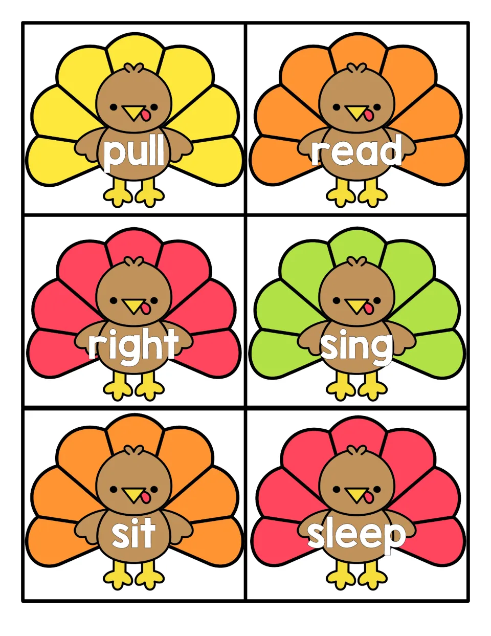 Turkey flashcards with pull, read, right, sing, sit and sleep; students practise reading each word by sight