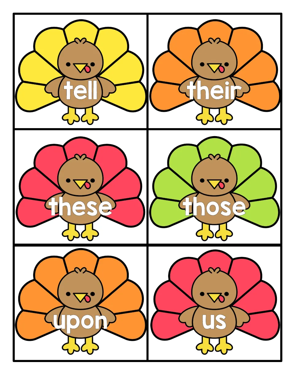 Word cards for tell, their, these, those, upon and us, each on a fanned-tail turkey, for practising fast word reading