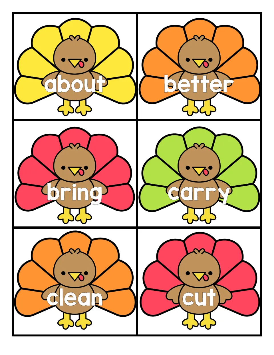 Sight word flashcards on cartoon turkeys: students read about, better, bring, carry, clean and cut by sight