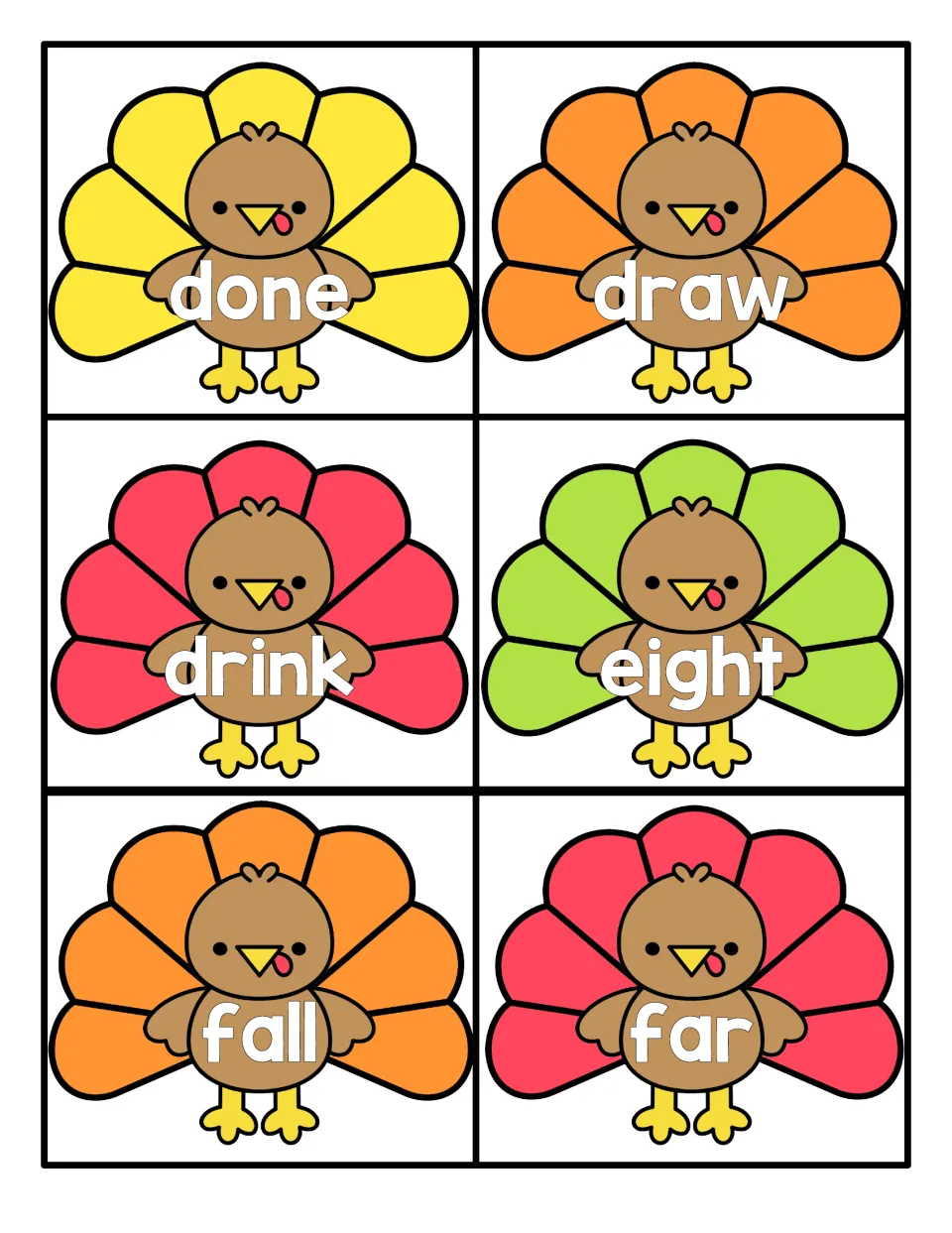 Six turkey word cards showing done, draw, drink, eight, fall and far for students to recognize and read quickly