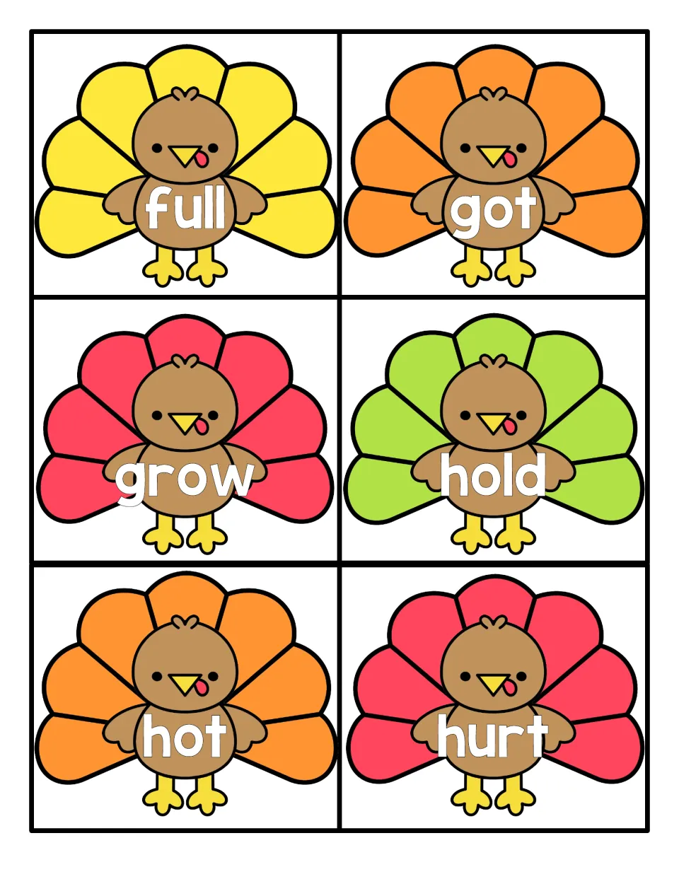 Turkey sight words full, got, grow, hold, hot and hurt, each printed on a turkey's body for quick word reading