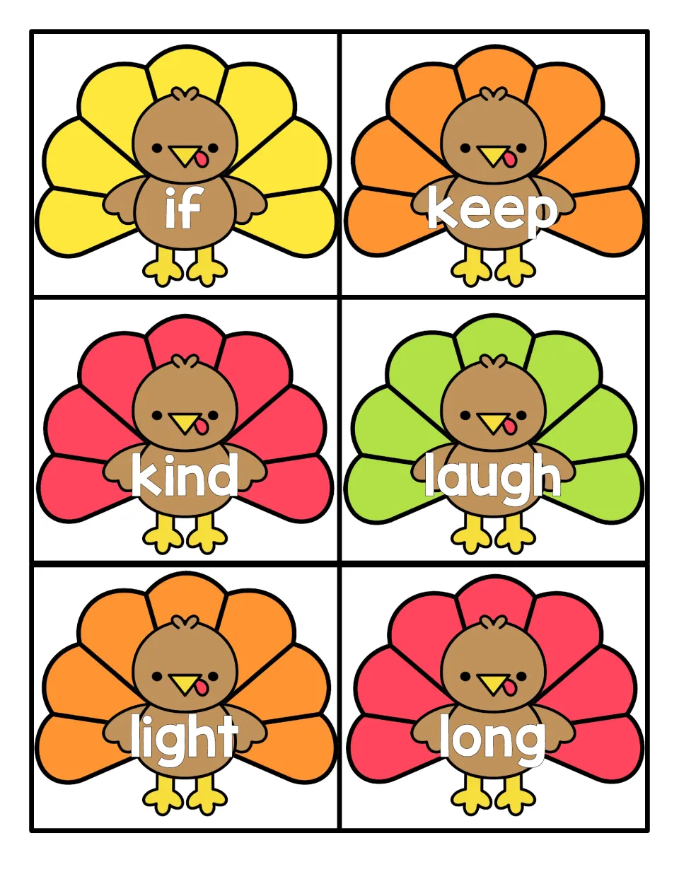 Thanksgiving word cards for if, keep, kind, laugh, light and long, one word per turkey, for sight-word reading