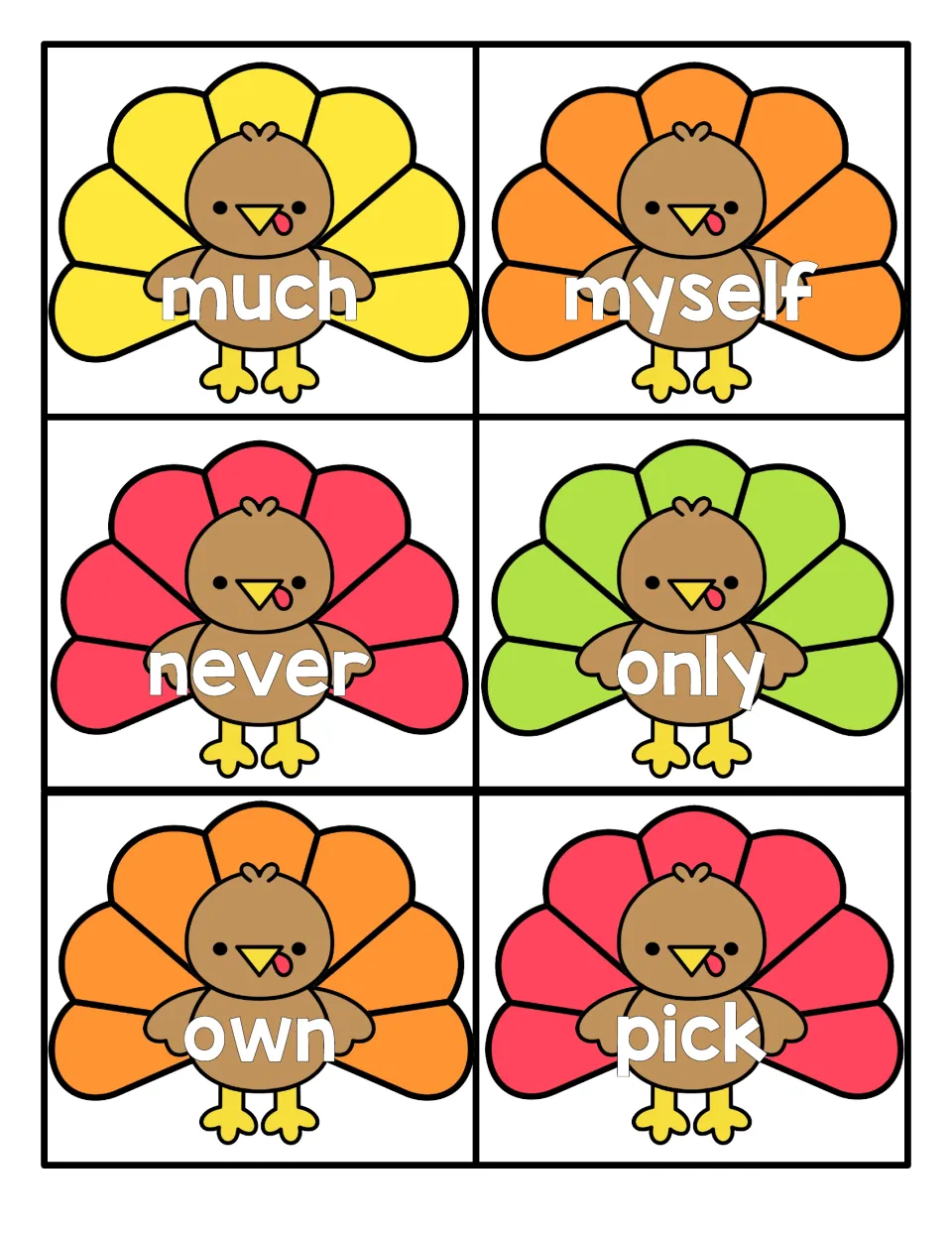 Fall flashcards with much, myself, never, only, own and pick written on colorful turkeys for reading on sight
